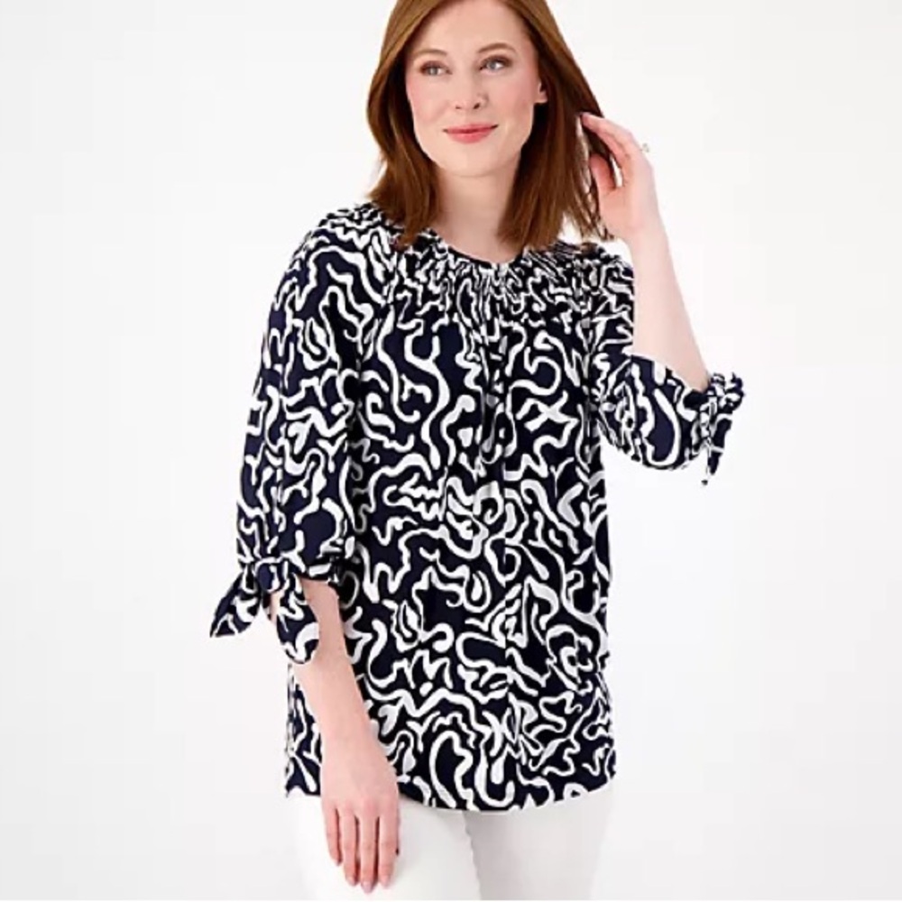 Susan Graver Printed Liquid Knit Smock-Neck 3/4-Sleeve Top with Tie Detail